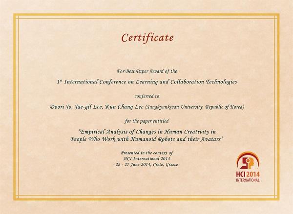 Certificate for best paper award of the 1st International Conference on Learning and Collaboration Technologies. Details in text following the image